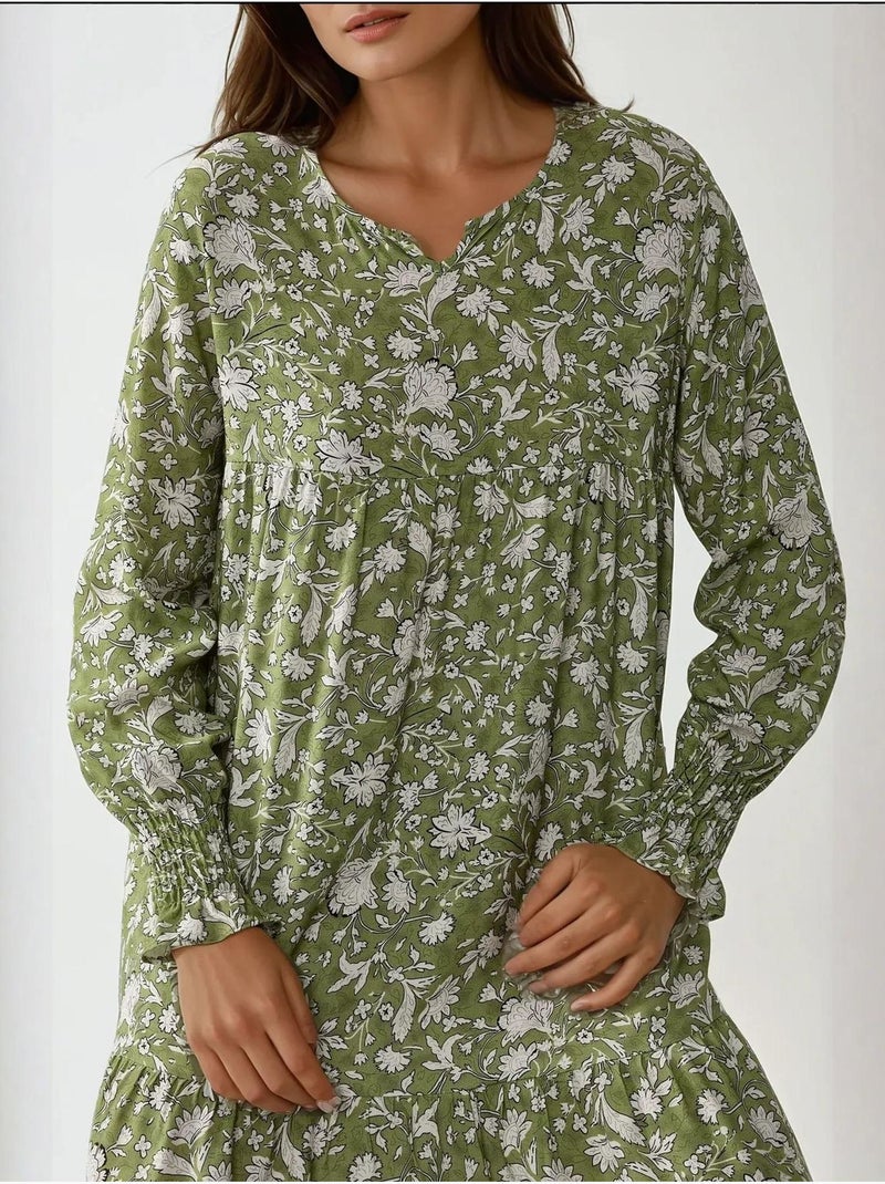 Robe longue en viscose imprimée à col ras du cou hiccup Vert kaki - Kiabi