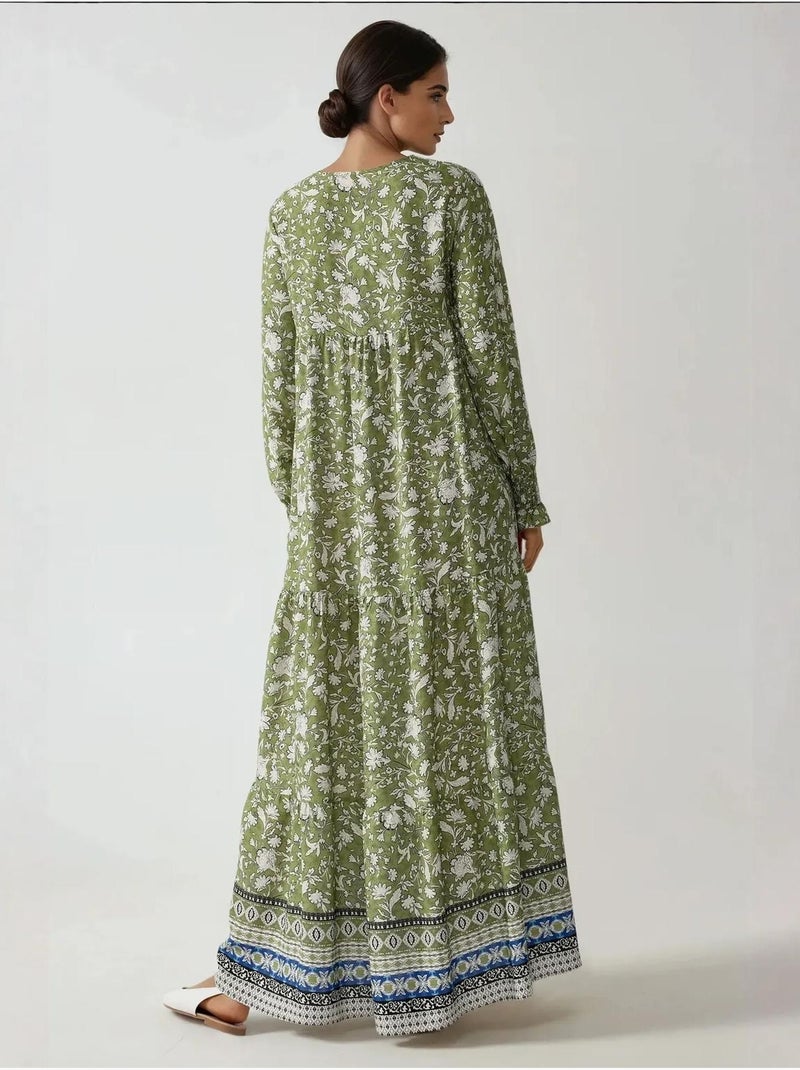 Robe longue en viscose imprimée à col ras du cou hiccup Vert kaki - Kiabi