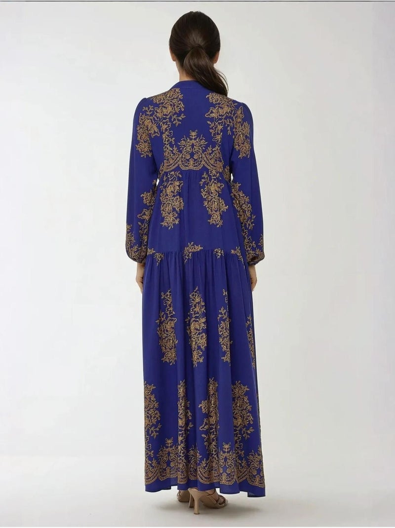 Robe longue en viscose imprimée avec col chemise hiccup Bleu électrique - Kiabi