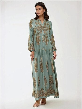 Robe longue en viscose imprimée avec col chemise hiccup