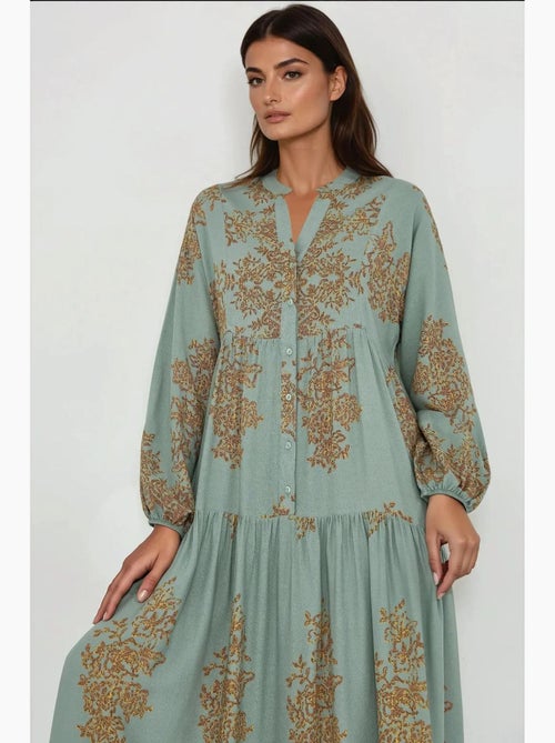 Robe longue en viscose imprimée avec col chemise hiccup - Kiabi