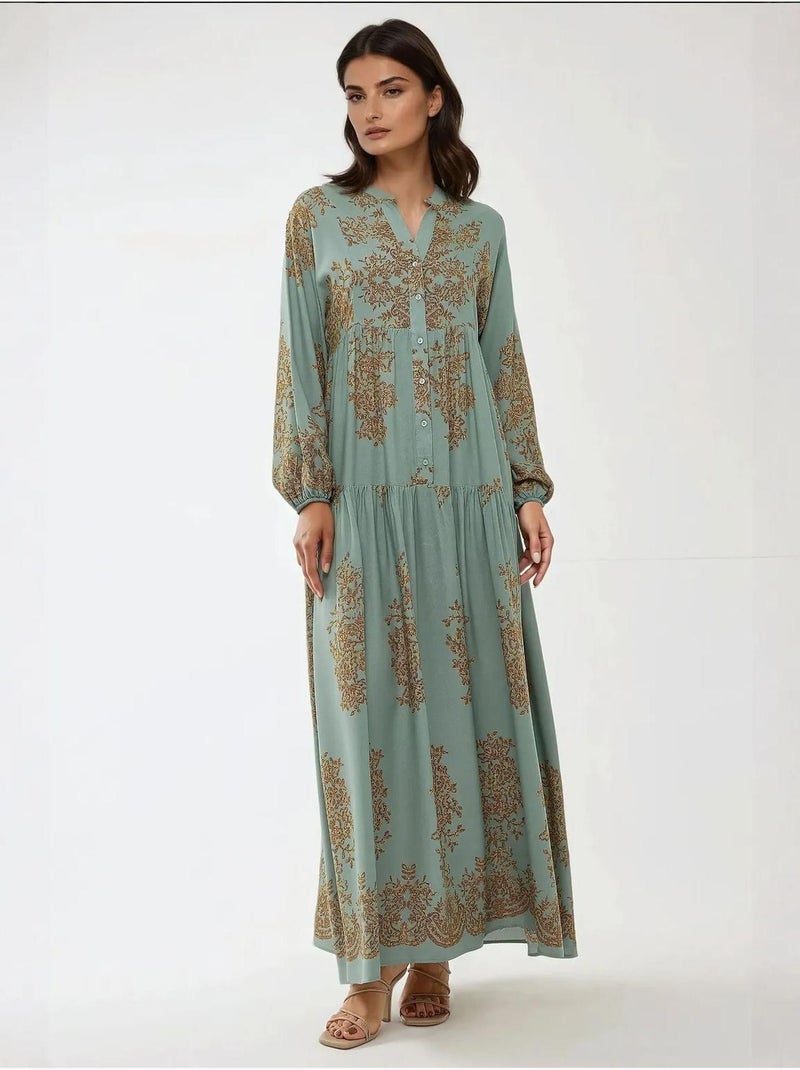 Robe longue en viscose imprimée avec col chemise hiccup Vert menthe - Kiabi