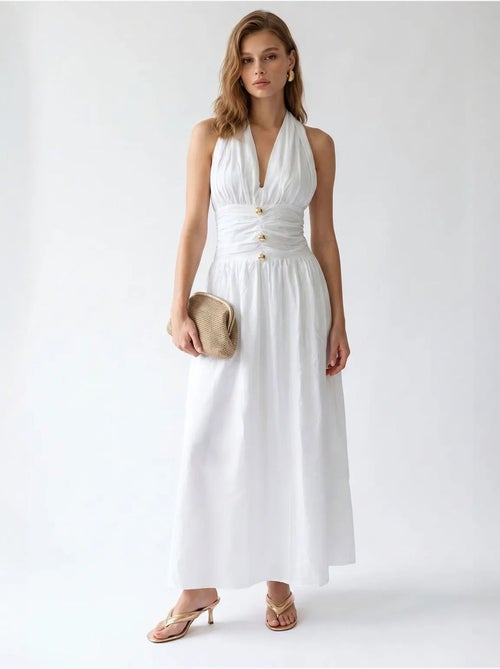 Robe longue femme en popeline de coton à col licou mixray - Kiabi Robe longue femme en popeline de coton à col licou mixray - Kiabi