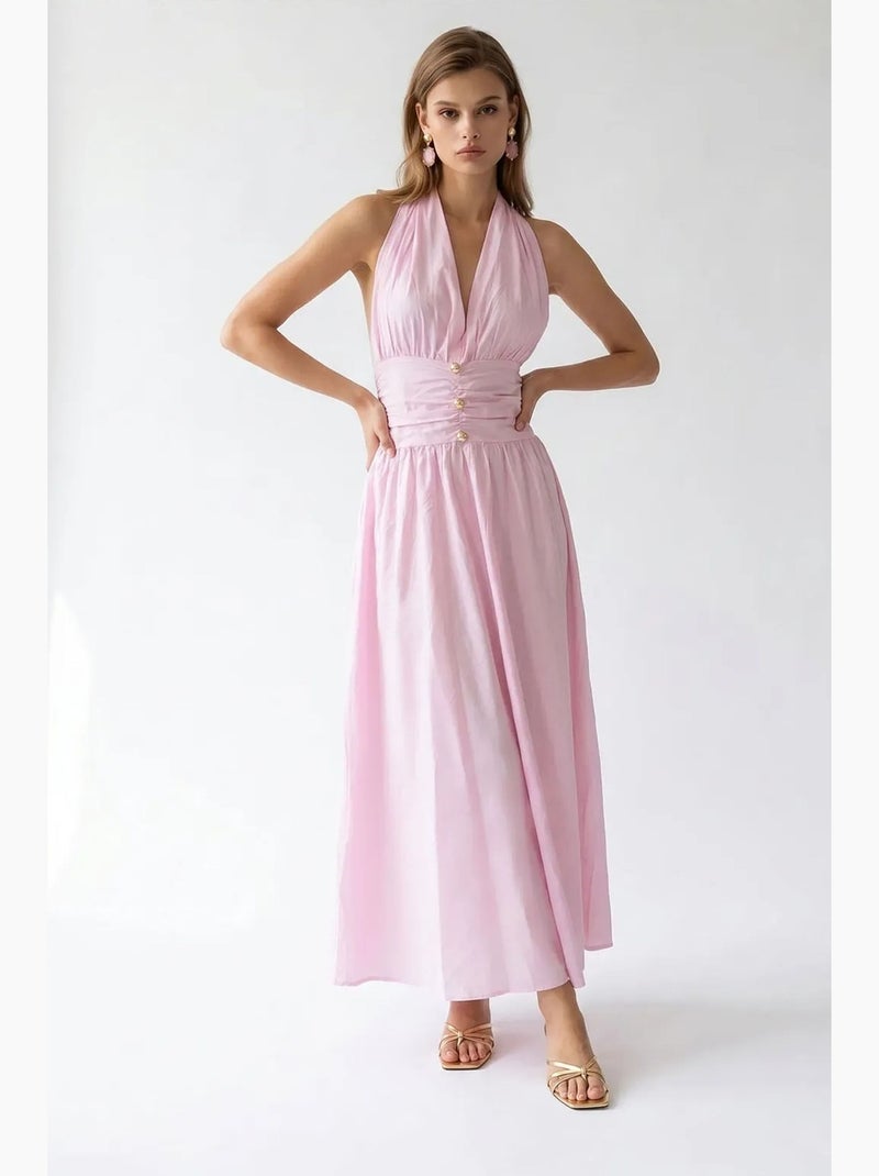 Robe longue femme en popeline de coton à col licou mixray Rose dragée - Kiabi
