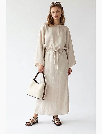 Robe longue femme unie texturée avec lien mixray