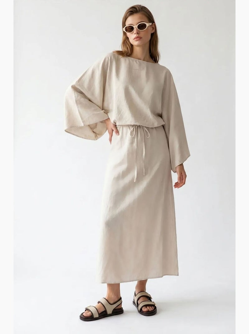 Robe longue femme unie texturée avec lien mixray Beige argile - Kiabi