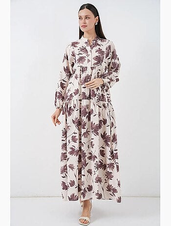Robe longue fleurie avec col mandarin et fermeture boutonnée bdart