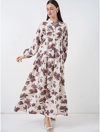 Robe longue fleurie avec col mandarin et fermeture boutonnée bdart