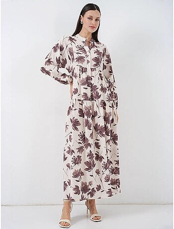 Robe longue fleurie avec col mandarin et fermeture boutonnée bdart
