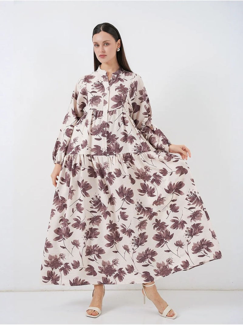 Robe longue fleurie avec col mandarin et fermeture boutonnée bdart Marron chocolat - Kiabi