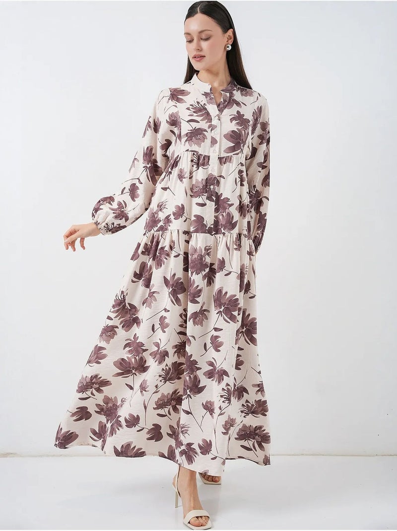 Robe longue fleurie avec col mandarin et fermeture boutonnée bdart Marron chocolat - Kiabi