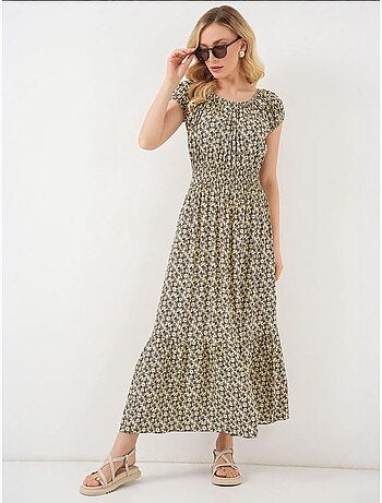 Robe longue fleurie en forme de a avec détails élastiques bdart