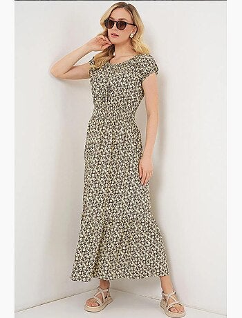 Robe longue fleurie en forme de a avec détails élastiques bdart