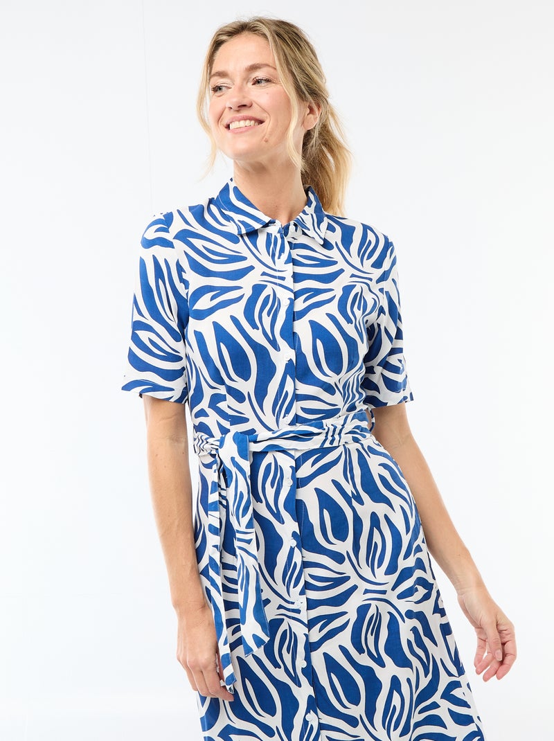 Robe longue forme chemise avec ceinture à nouer all-over Bleu - Kiabi