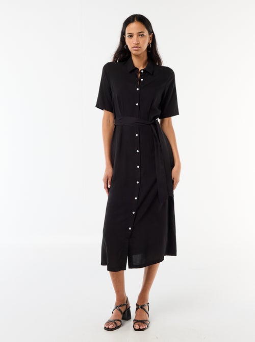 Robe longue forme chemise avec ceinture à nouer uni - Kiabi