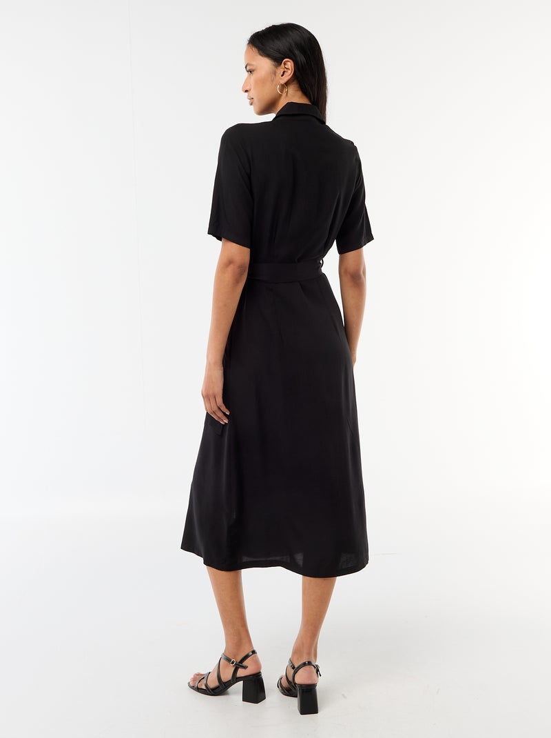 Robe longue forme chemise avec ceinture à nouer uni Noir - Kiabi