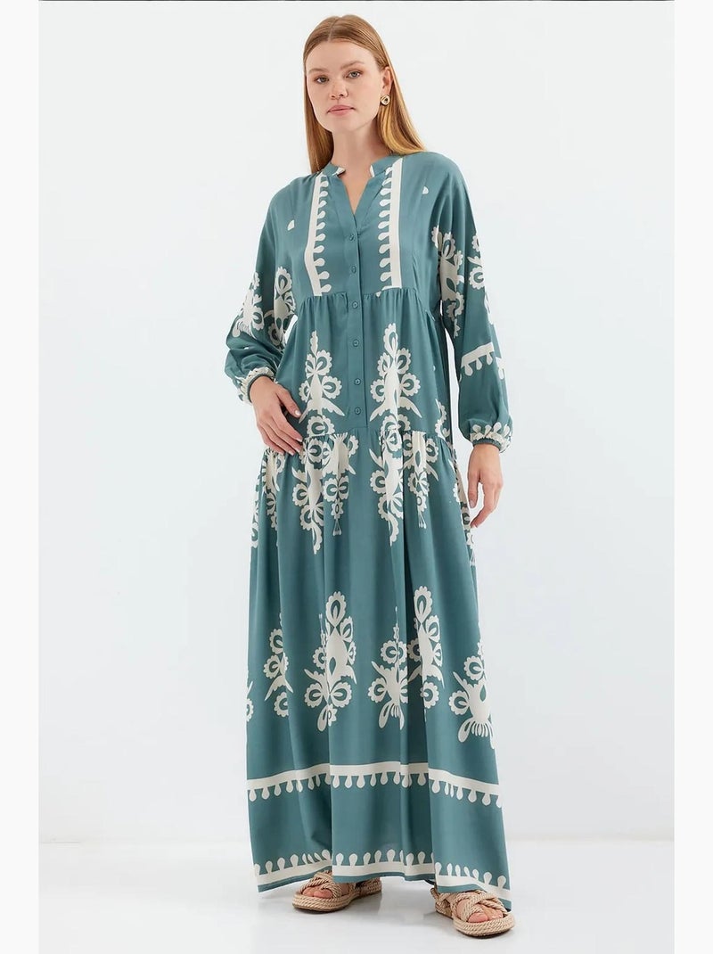 Robe longue imprimée à col en v bdart Bleu aqua - Kiabi