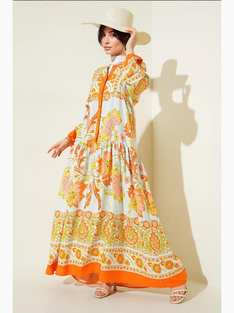 Robe longue imprimée à col en v bdart Orange - Kiabi