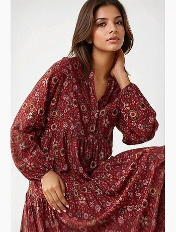 Robe longue imprimée à col en v et boutons hiccup