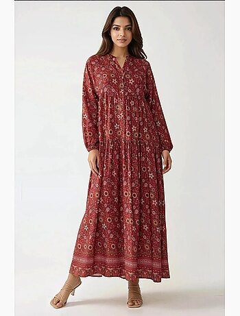 Robe longue imprimée à col en v et boutons hiccup