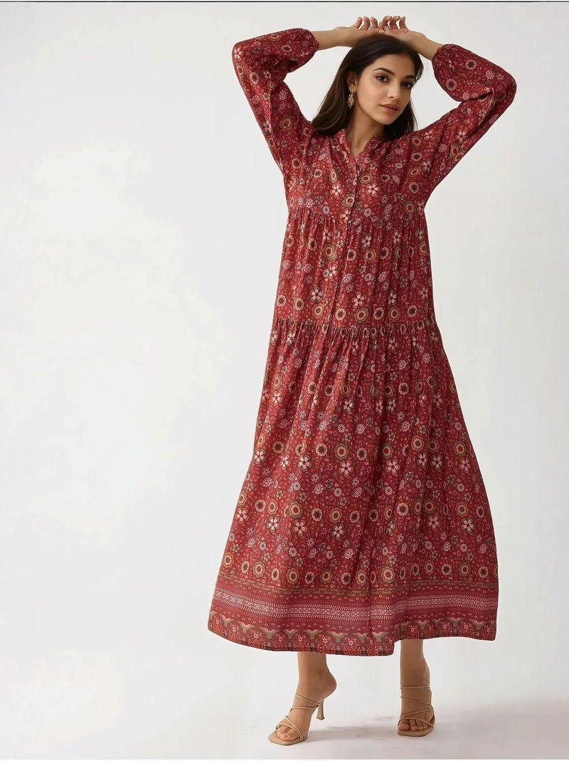 Robe longue imprimée à col en v et boutons hiccup Rouge - Kiabi