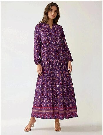 Robe longue imprimée à col en v et boutons hiccup