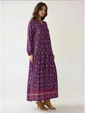 Robe longue imprimée à col en v et boutons hiccup
