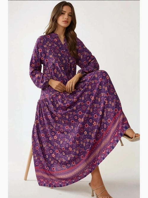 Robe longue imprimée à col en v et boutons hiccup - Kiabi