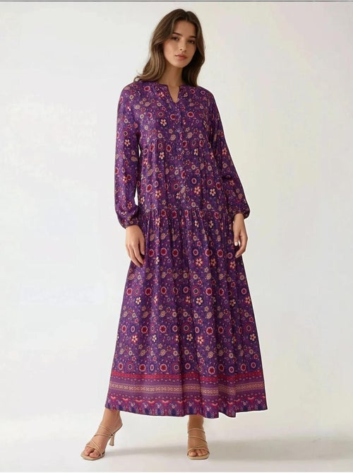 Robe longue imprimée à col en v et boutons hiccup - Kiabi