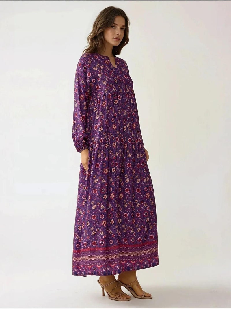 Robe longue imprimée à col en v et boutons hiccup Violet - Kiabi