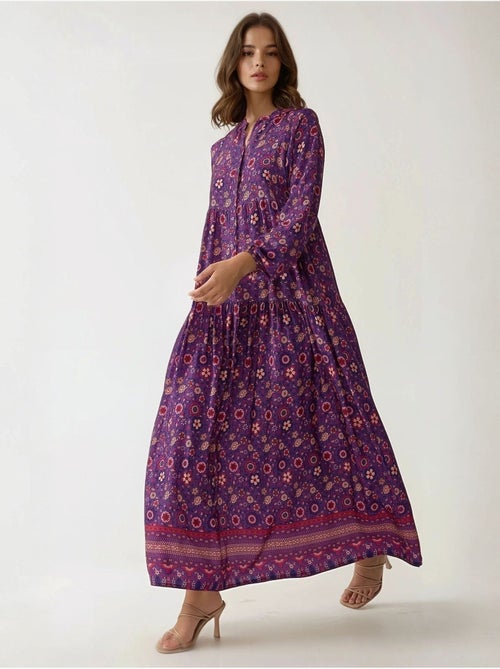 Robe longue imprimée à col en v et boutons hiccup - Kiabi