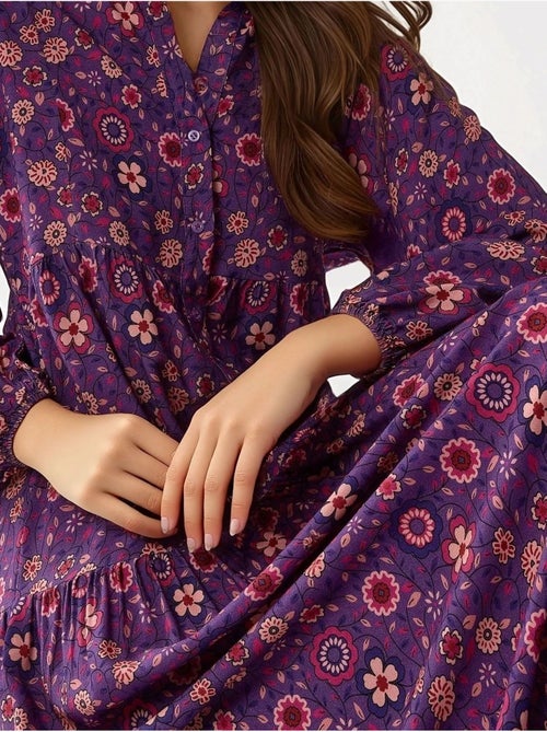 Robe longue imprimée à col en v et boutons hiccup - Kiabi