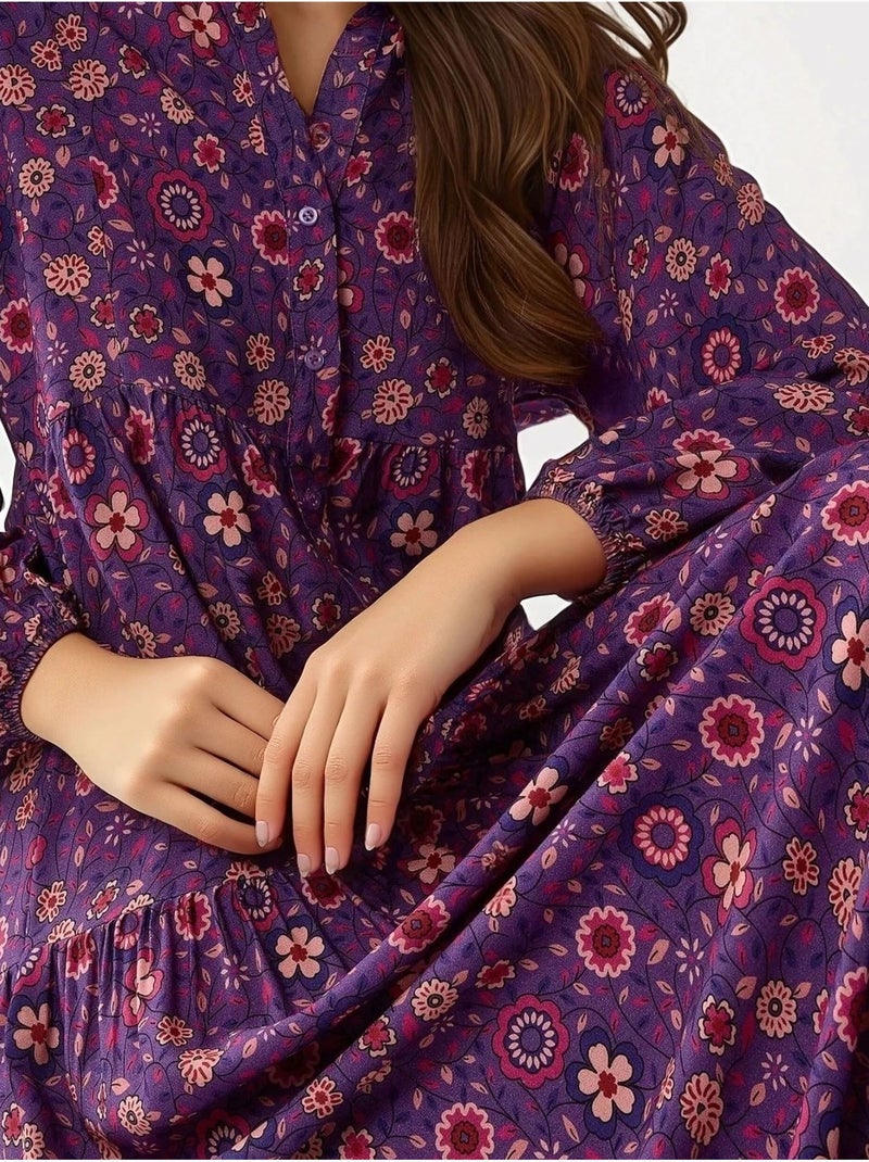 Robe longue imprimée à col en v et boutons hiccup Violet - Kiabi