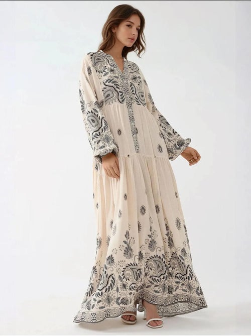 Robe longue imprimée à col en v et détails boutonnés hiccup - Kiabi Robe longue imprimée à col en v et détails boutonnés hiccup - Kiabi