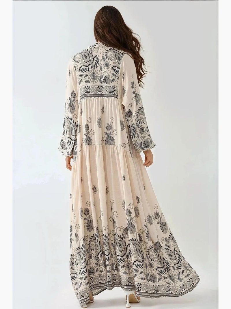 Robe longue imprimée à col en v et détails boutonnés hiccup Blanc cassé - Kiabi