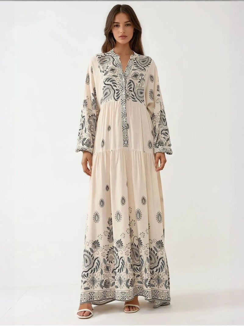 Robe longue imprimée à col en v et détails boutonnés hiccup Blanc cassé - Kiabi