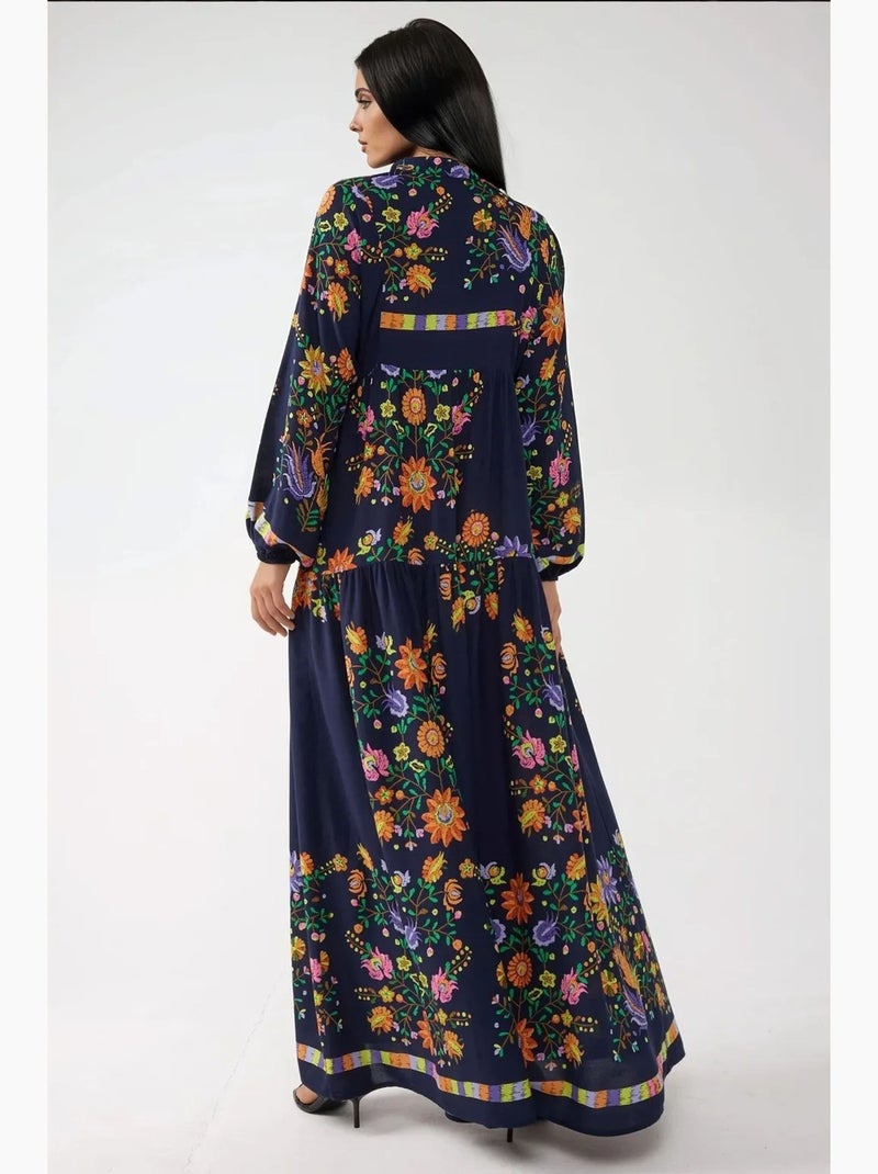 Robe longue imprimée à col en v et détails boutonnés hiccup Bleu marine - Kiabi
