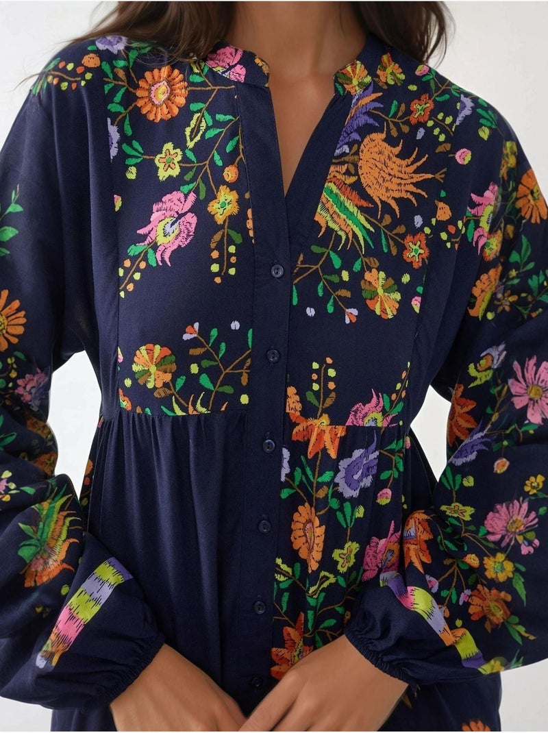 Robe longue imprimée à col en v et détails boutonnés hiccup Bleu marine - Kiabi