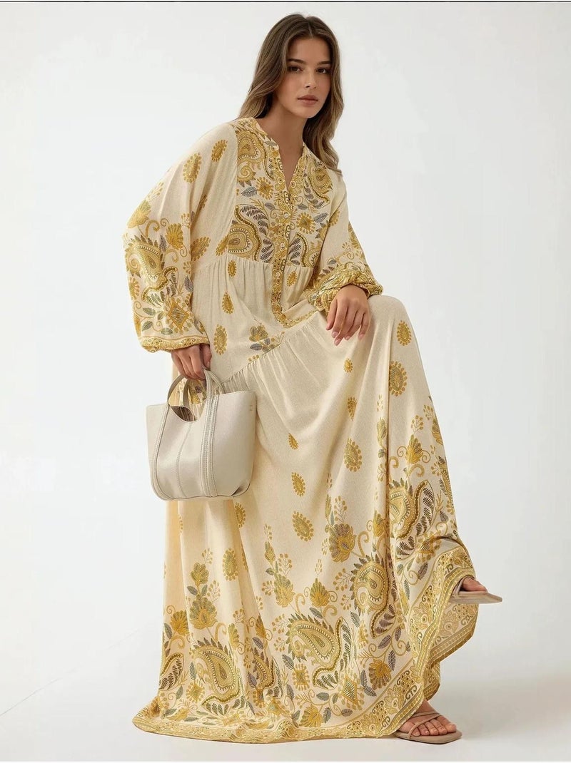 Robe longue imprimée à col en v et détails boutonnés hiccup Jaune citron - Kiabi