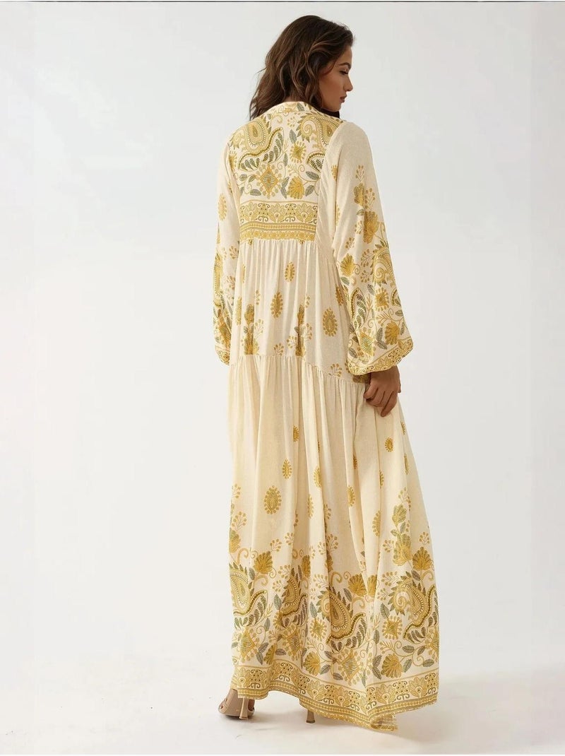 Robe longue imprimée à col en v et détails boutonnés hiccup Jaune citron - Kiabi