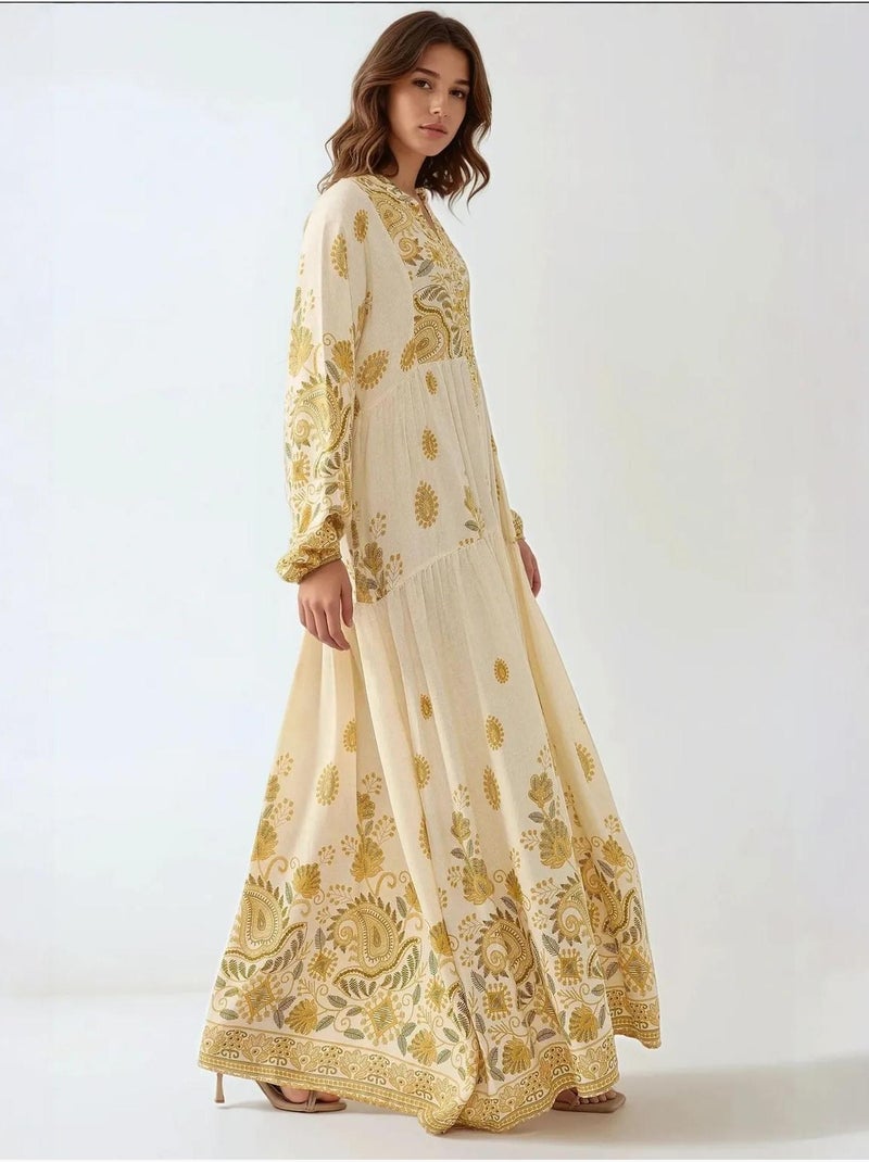 Robe longue imprimée à col en v et détails boutonnés hiccup Jaune citron - Kiabi