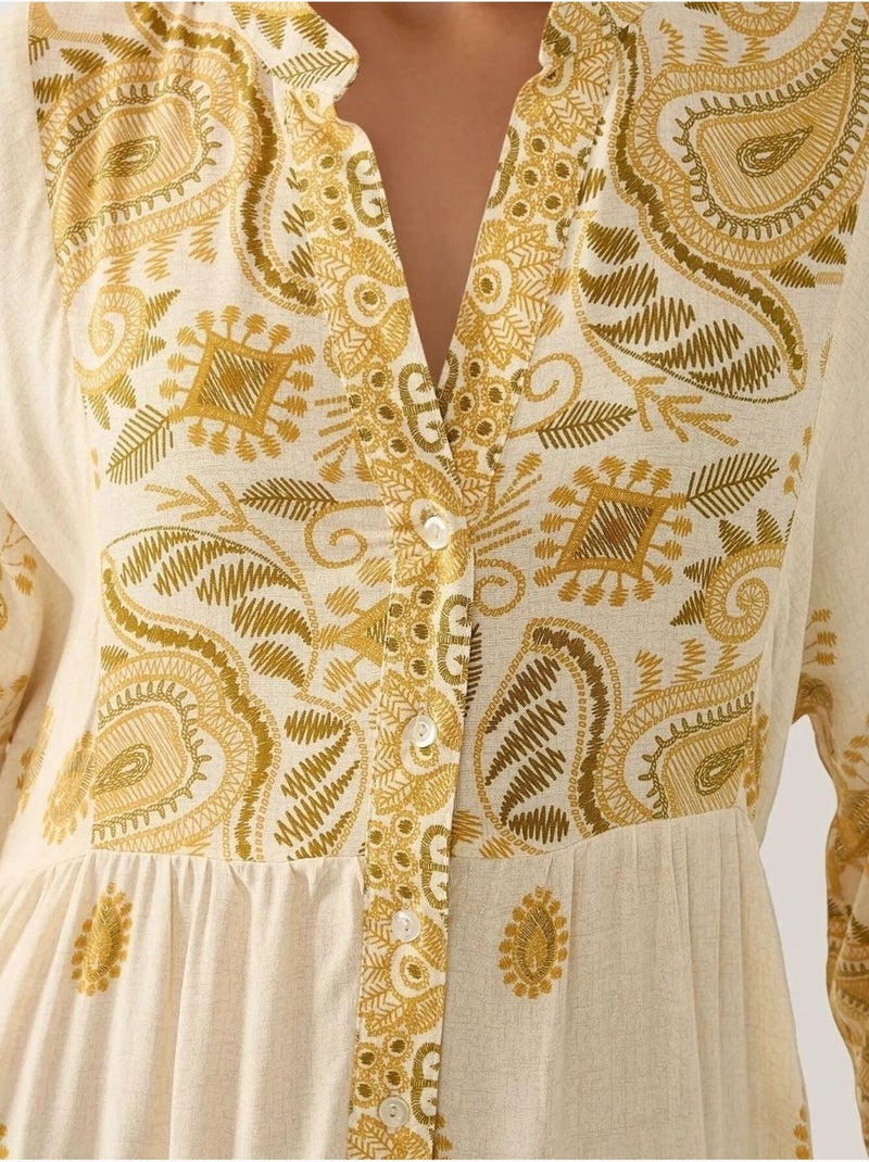 Robe longue imprimée à col en v et détails boutonnés hiccup Jaune citron - Kiabi