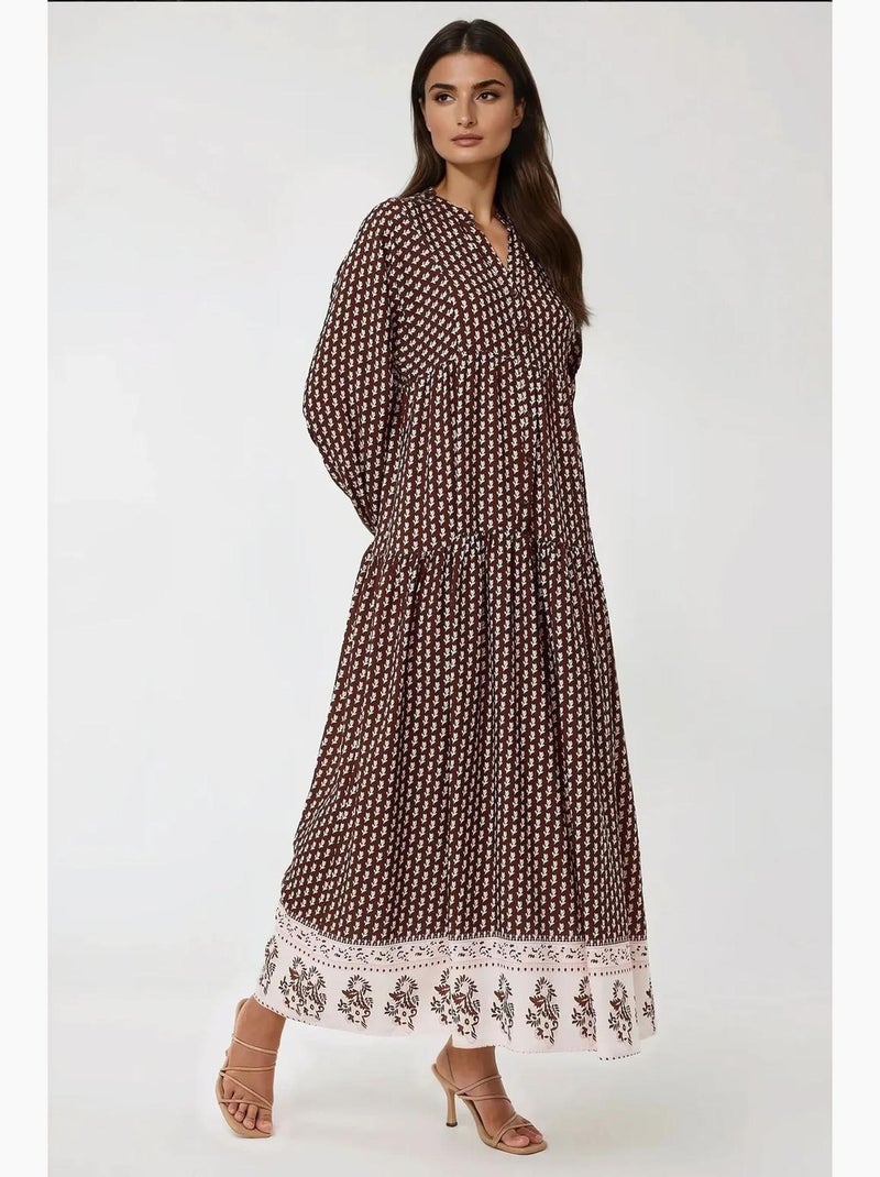 Robe longue imprimée à col en v hiccup Marron - Kiabi