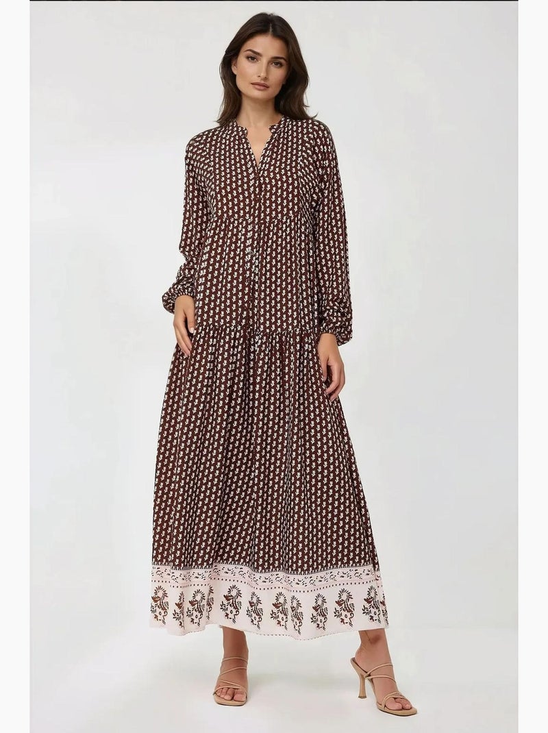 Robe longue imprimée à col en v hiccup Marron - Kiabi
