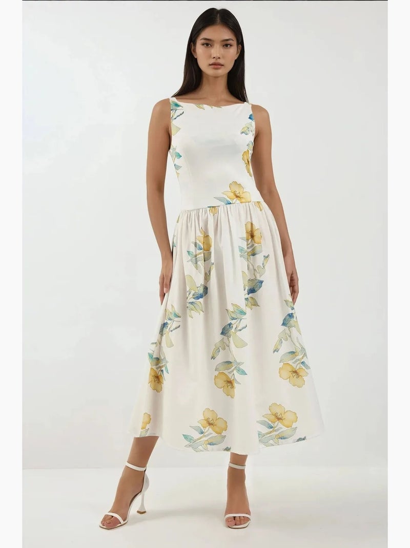 Robe longue imprimée à col ras du cou hiccup Blanc - Kiabi