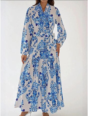 Robe longue imprimée à manches longues avec ceinture