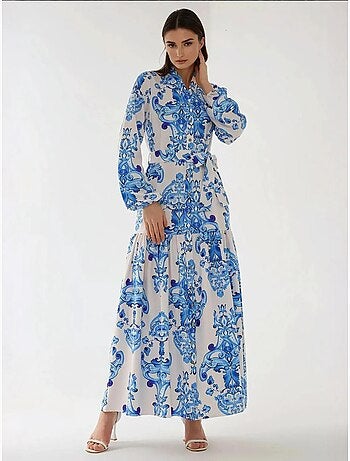 Robe longue imprimée à manches longues avec ceinture