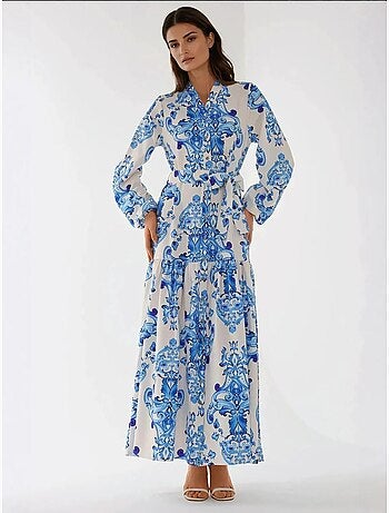 Robe longue imprimée à manches longues avec ceinture