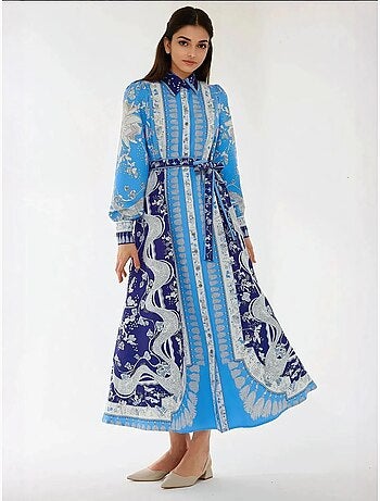 Robe longue imprimée à manches longues avec ceinture