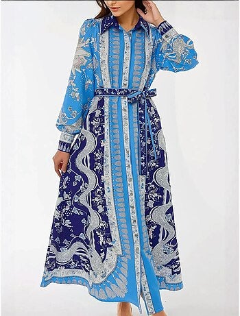 Robe longue imprimée à manches longues avec ceinture